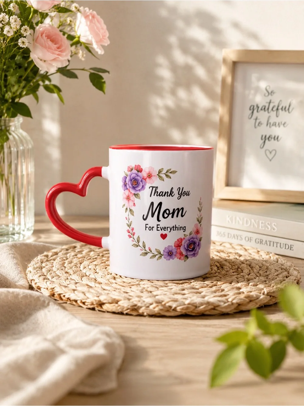 Heart-Handle 'Thank You Mom' Floral Mug - Red & White